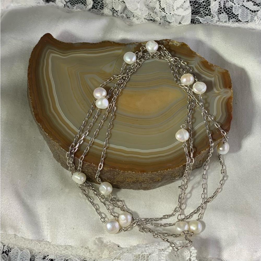LustrousWhite Pearl on Silver Plated 46" Chain Necklace